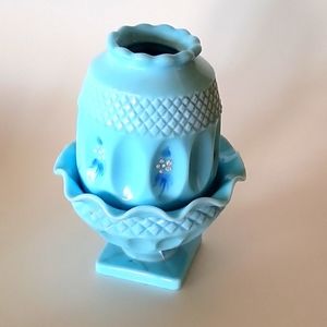 Vintage Westmorelane Blue Milkglass Handpainted 2 Piece Fairy Lamp